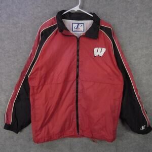 Wisconsin Badgers Jacket Mens Medium Red Hooded Windbreaker NCAA Logo Athletic